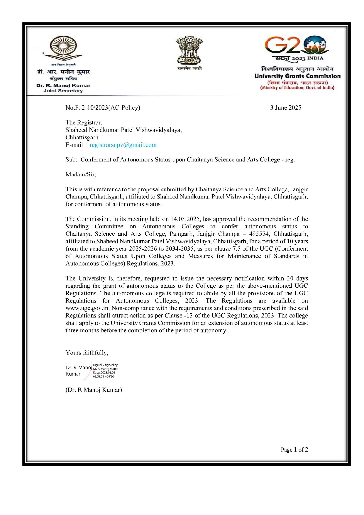 UGC Autonomous Status Letter