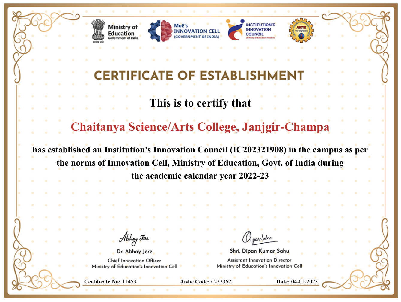 Institution's Innovation Council Certificate