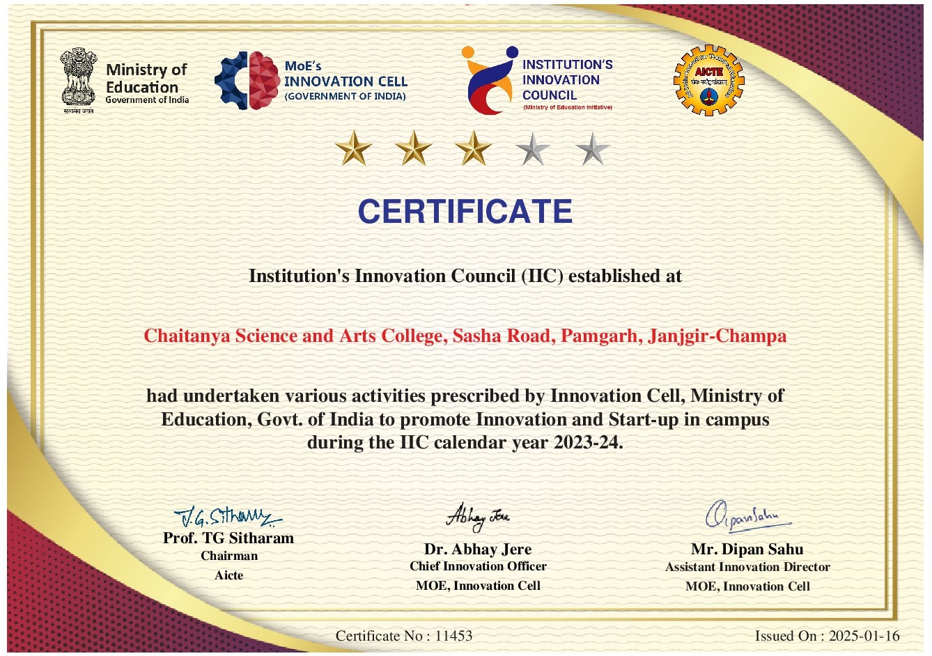 IIC 3-Star Rating Certificate